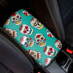 Teal Sugar Skull Pattern Print Car Center Console Cover