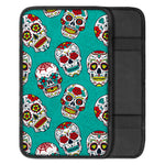 Teal Sugar Skull Pattern Print Car Center Console Cover