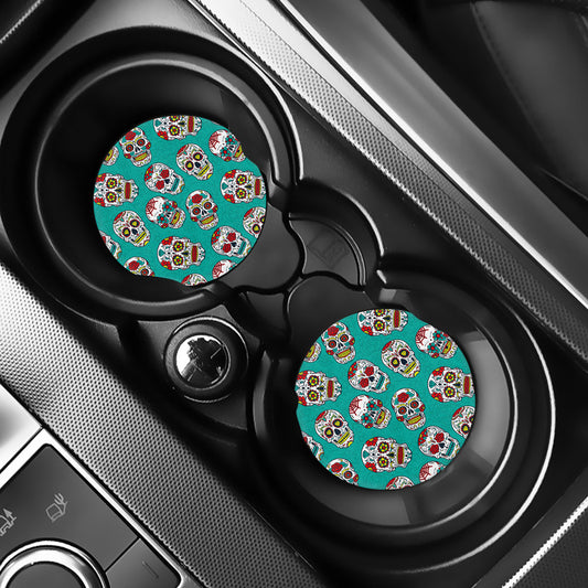 Teal Sugar Skull Pattern Print Car Coasters