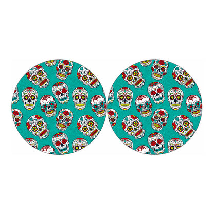 Teal Sugar Skull Pattern Print Car Coasters