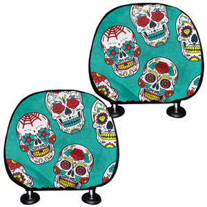 Teal Sugar Skull Pattern Print Car Headrest Covers