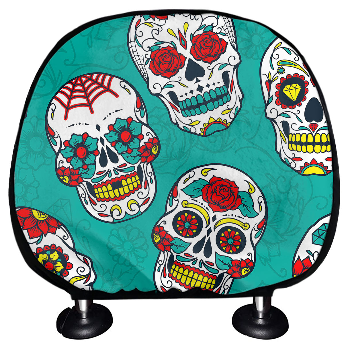 Teal Sugar Skull Pattern Print Car Headrest Covers