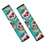 Teal Sugar Skull Pattern Print Car Seat Belt Covers