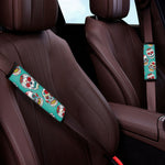 Teal Sugar Skull Pattern Print Car Seat Belt Covers