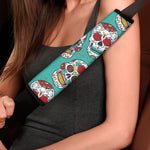 Teal Sugar Skull Pattern Print Car Seat Belt Covers