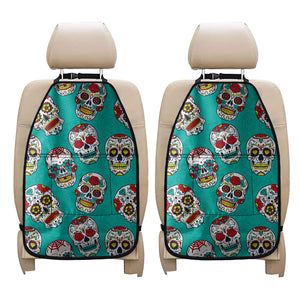 Teal Sugar Skull Pattern Print Car Seat Organizers