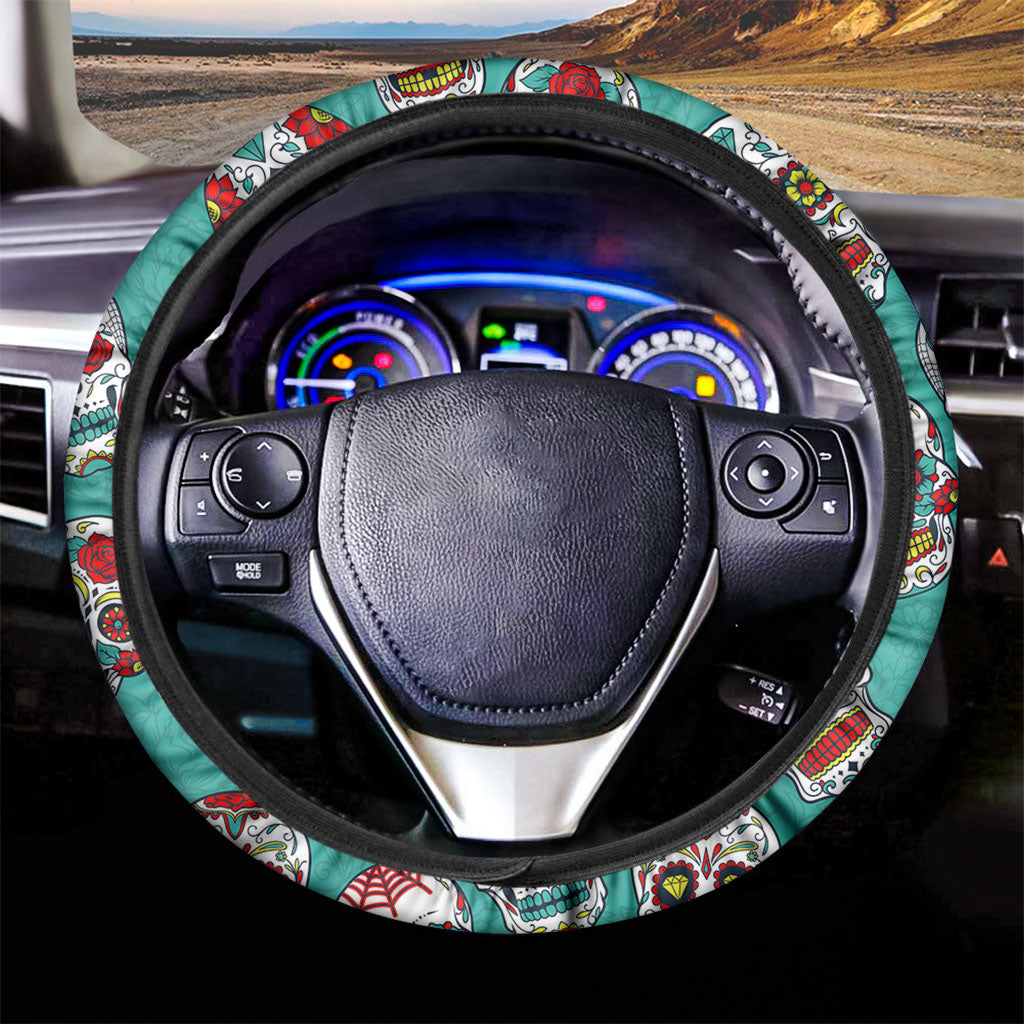 Teal Sugar Skull Pattern Print Car Steering Wheel Cover