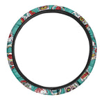 Teal Sugar Skull Pattern Print Car Steering Wheel Cover