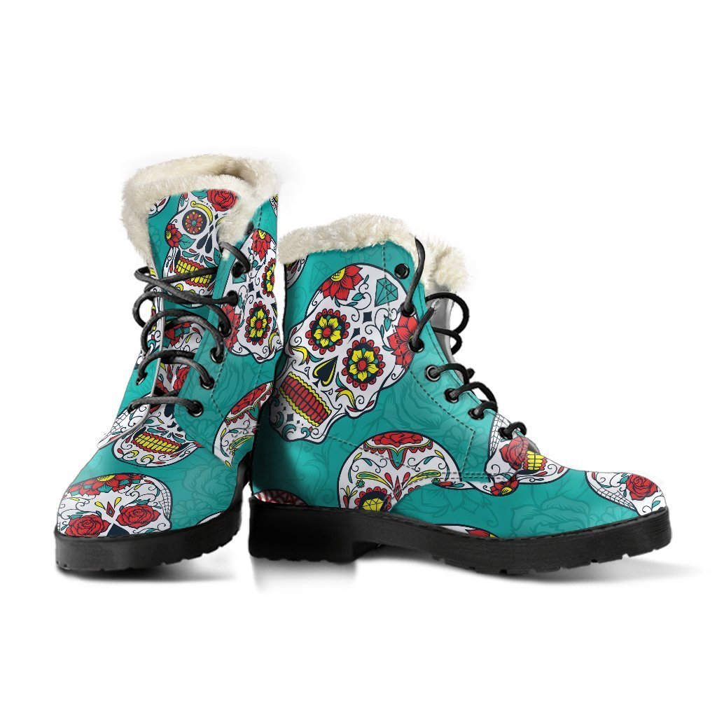 Teal Sugar Skull Pattern Print Comfy Boots GearFrost