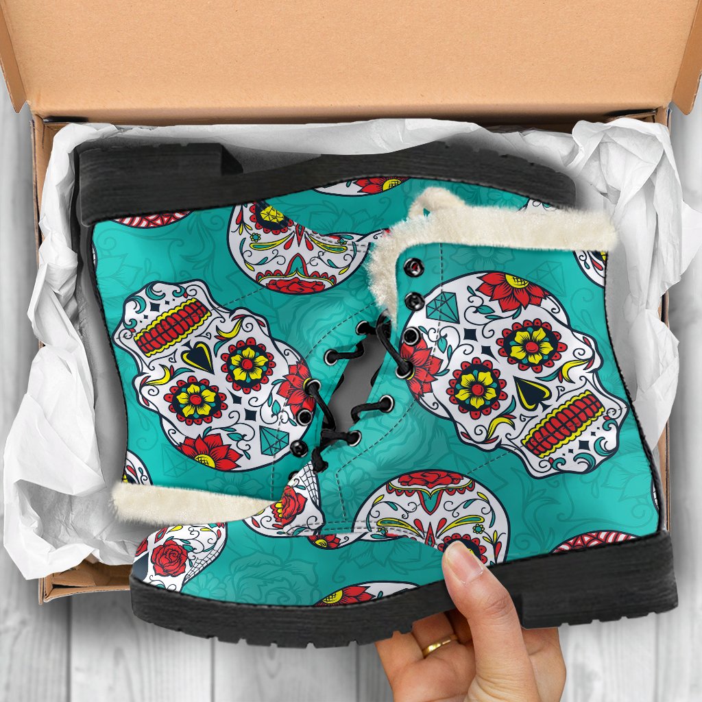 Teal Sugar Skull Pattern Print Comfy Boots GearFrost