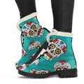 Teal Sugar Skull Pattern Print Faux Fur Leather Boots