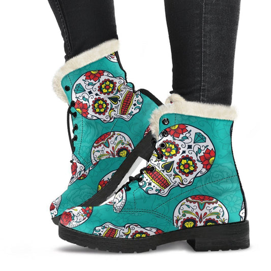 Teal Sugar Skull Pattern Print Comfy Boots GearFrost