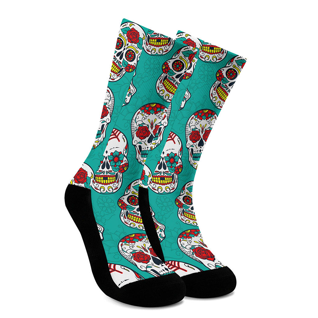 Teal Sugar Skull Pattern Print Crew Socks