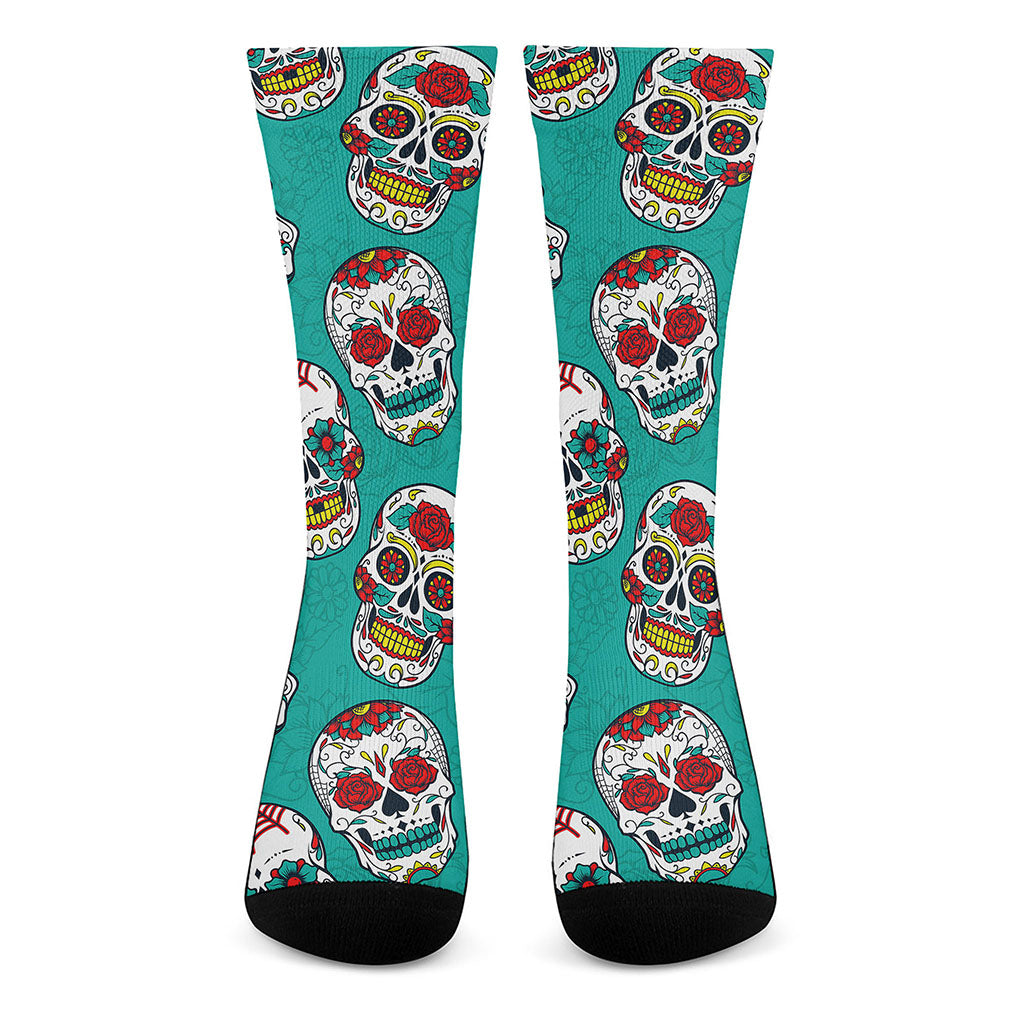 Teal Sugar Skull Pattern Print Crew Socks