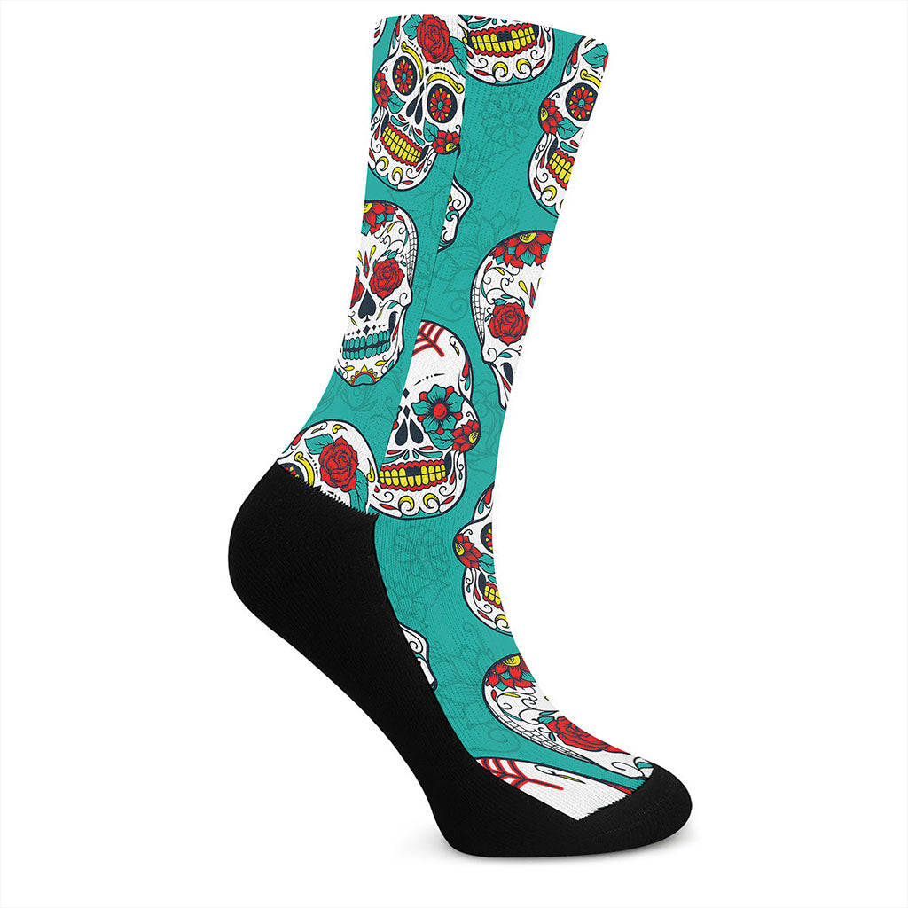 Teal Sugar Skull Pattern Print Crew Socks