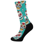 Teal Sugar Skull Pattern Print Crew Socks