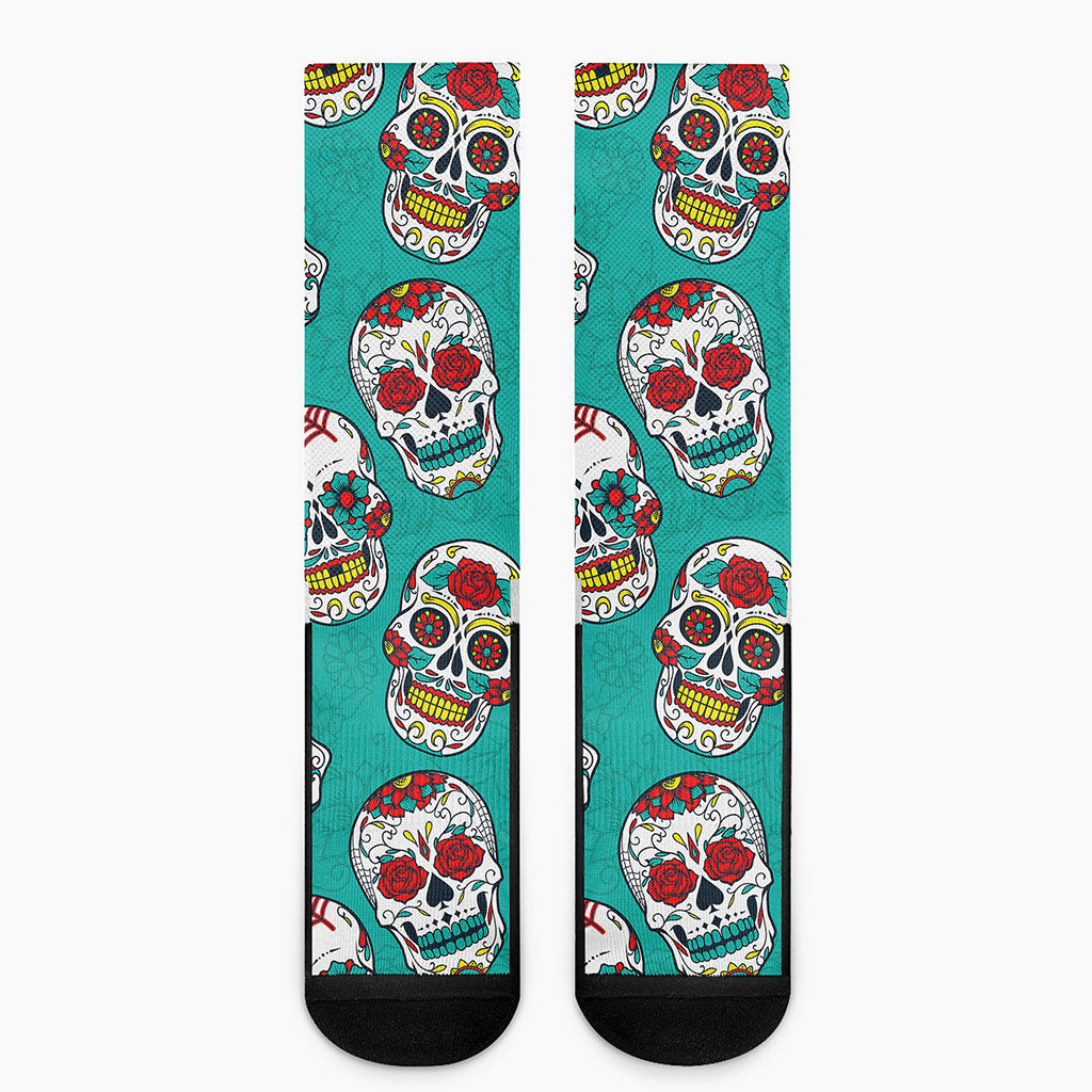 Teal Sugar Skull Pattern Print Crew Socks