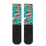 Teal Sugar Skull Pattern Print Crew Socks