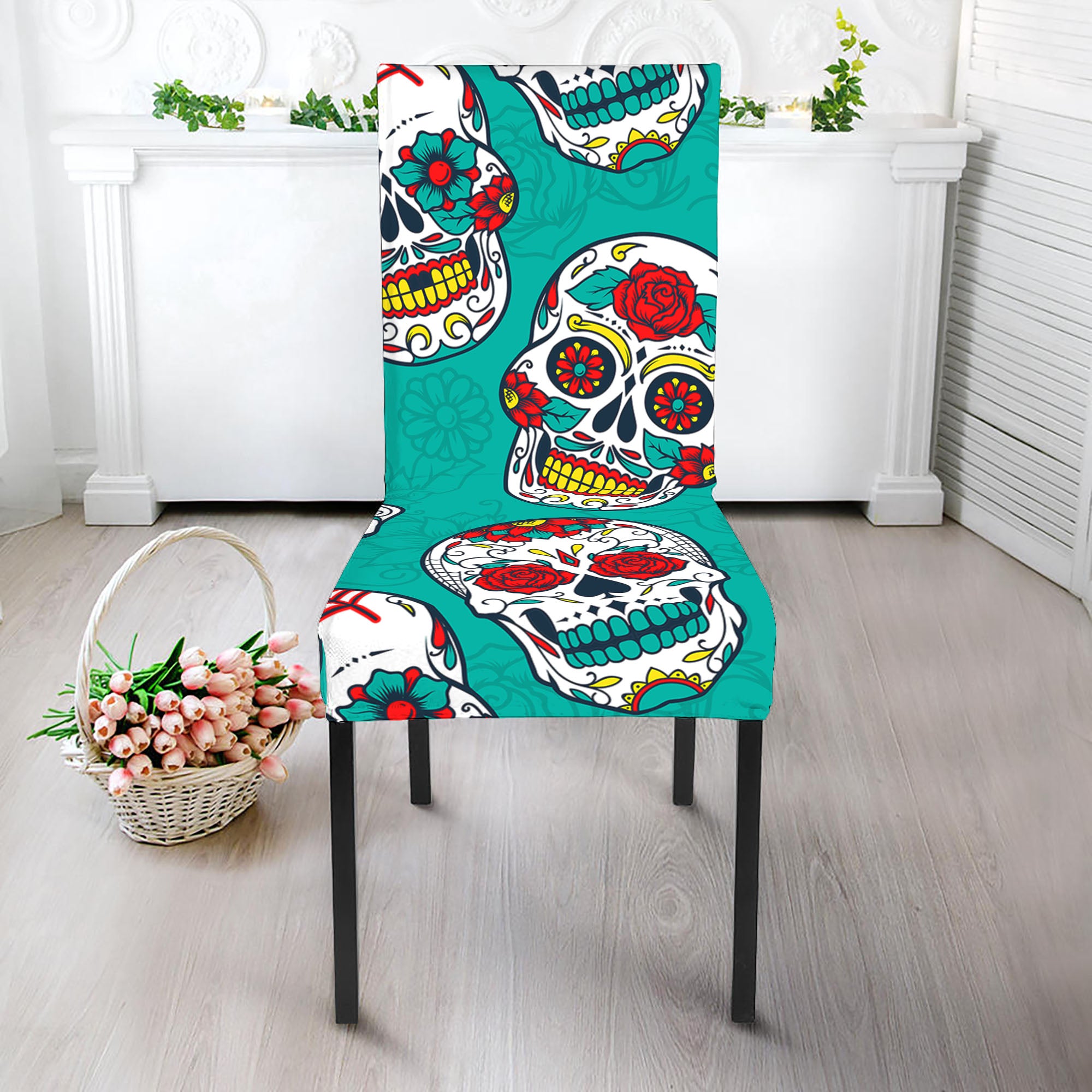 Teal Sugar Skull Pattern Print Dining Chair Slipcover