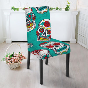 Teal Sugar Skull Pattern Print Dining Chair Slipcover