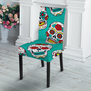 Teal Sugar Skull Pattern Print Dining Chair Slipcover