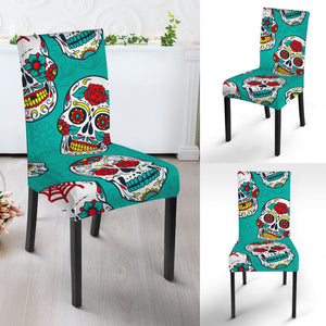 Teal Sugar Skull Pattern Print Dining Chair Slipcover