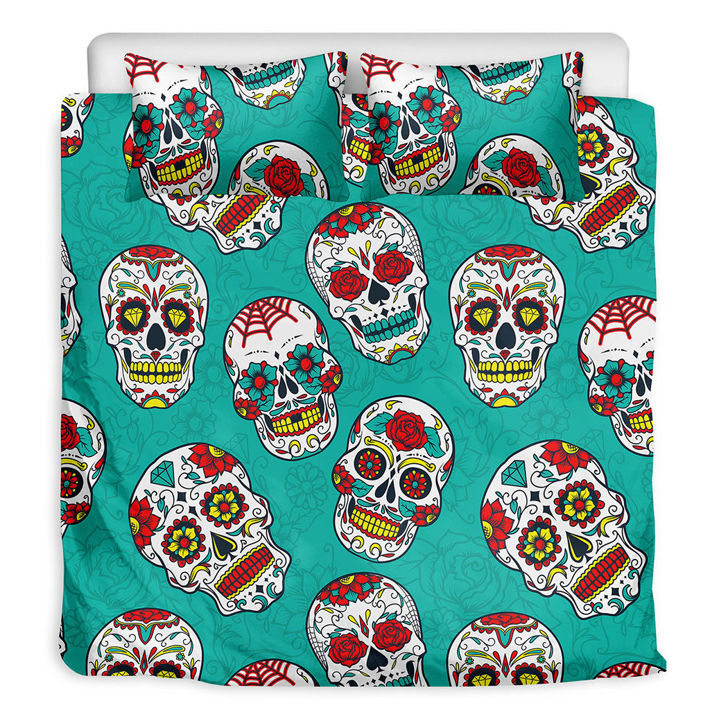 Teal Sugar Skull Pattern Print Duvet Cover Bedding Set