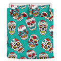 Teal Sugar Skull Pattern Print Duvet Cover Bedding Set