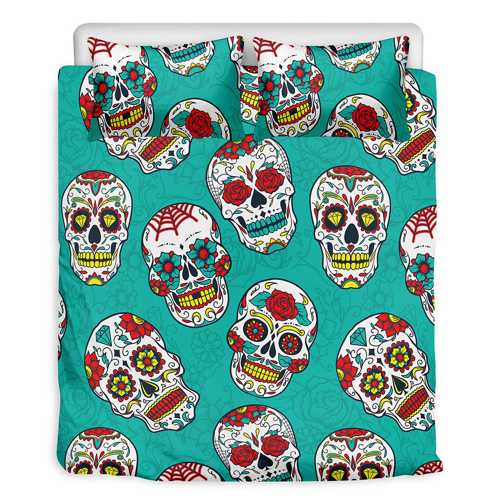 Teal Sugar Skull Pattern Print Duvet Cover Bedding Set