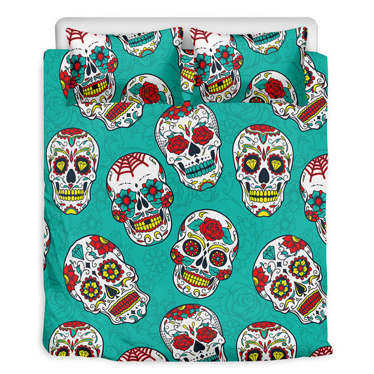 Teal Sugar Skull Pattern Print Duvet Cover Bedding Set
