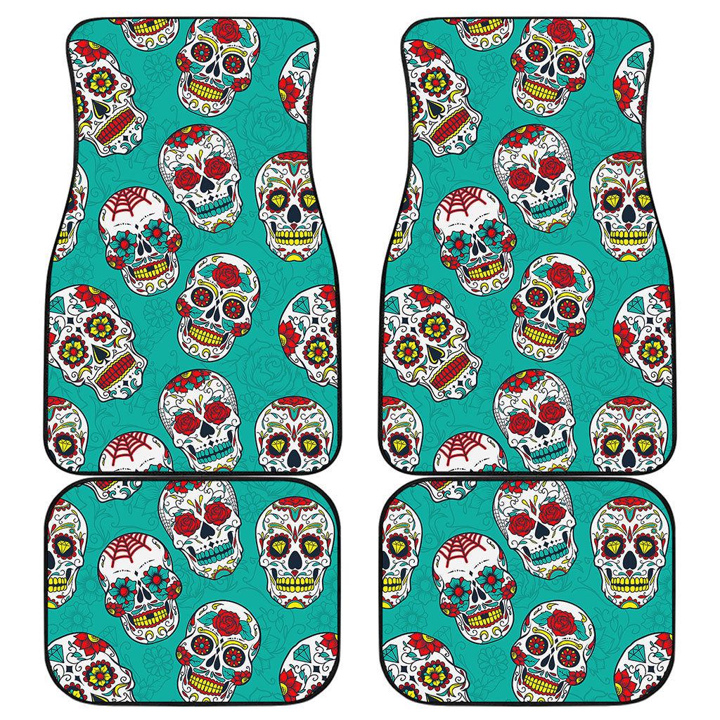 Teal Sugar Skull Pattern Print Front and Back Car Floor Mats