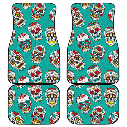 Teal Sugar Skull Pattern Print Front and Back Car Floor Mats