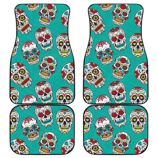 Teal Sugar Skull Pattern Print Front and Back Car Floor Mats
