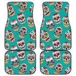 Teal Sugar Skull Pattern Print Front and Back Car Floor Mats