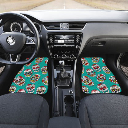 Teal Sugar Skull Pattern Print Front and Back Car Floor Mats