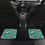 Teal Sugar Skull Pattern Print Front and Back Car Floor Mats
