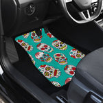 Teal Sugar Skull Pattern Print Front and Back Car Floor Mats