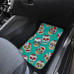 Teal Sugar Skull Pattern Print Front and Back Car Floor Mats