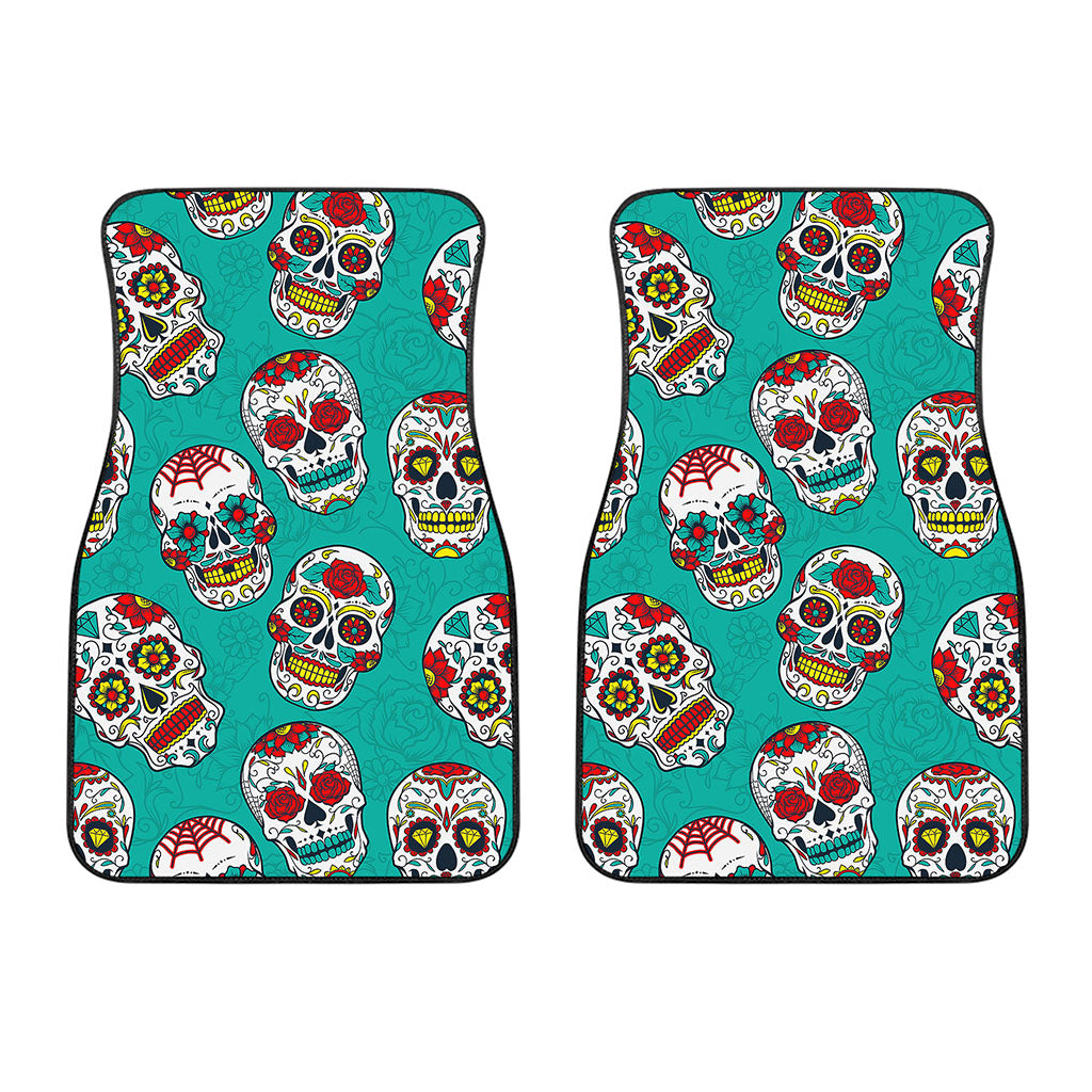 Teal Sugar Skull Pattern Print Front Car Floor Mats