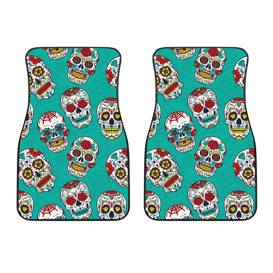 Teal Sugar Skull Pattern Print Front Car Floor Mats