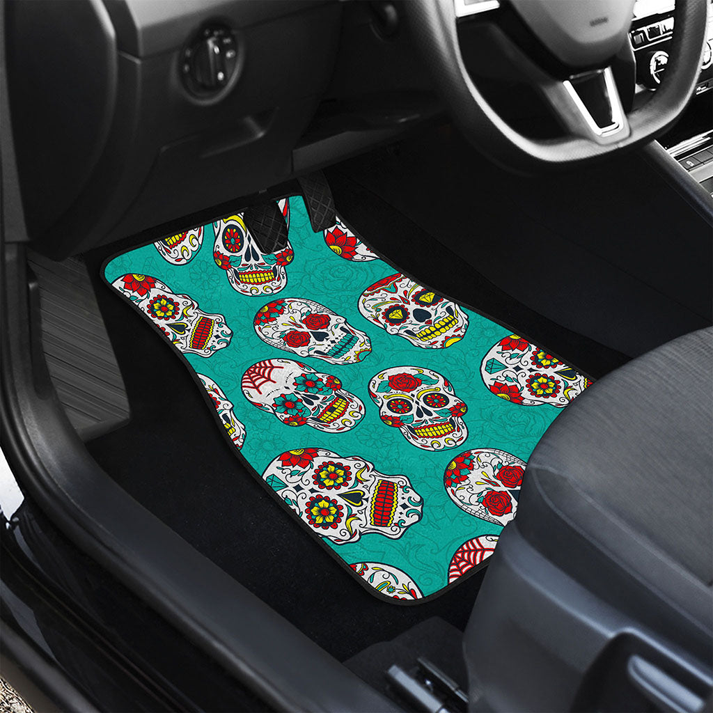 Teal Sugar Skull Pattern Print Front Car Floor Mats