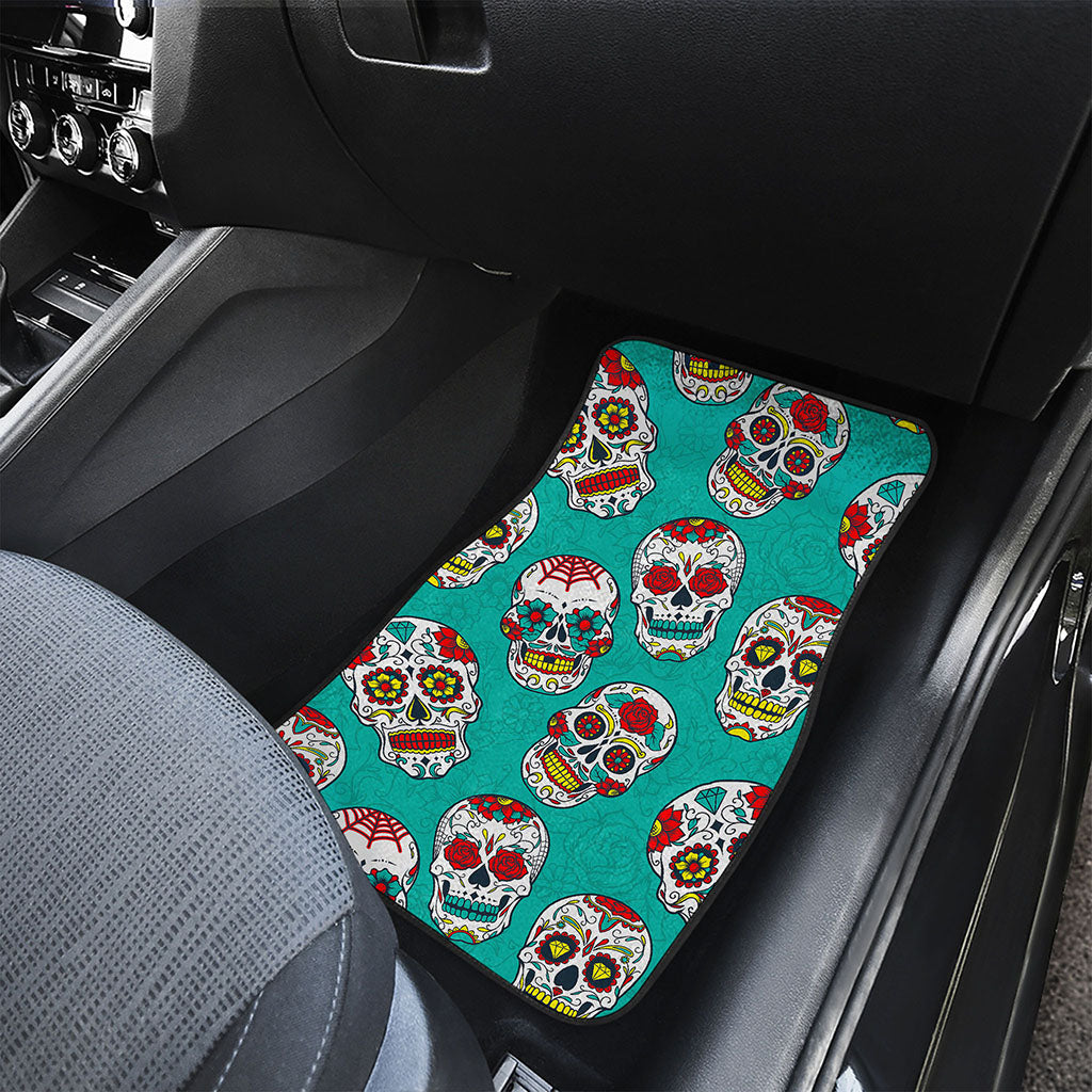 Teal Sugar Skull Pattern Print Front Car Floor Mats