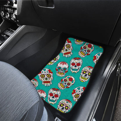 Teal Sugar Skull Pattern Print Front Car Floor Mats