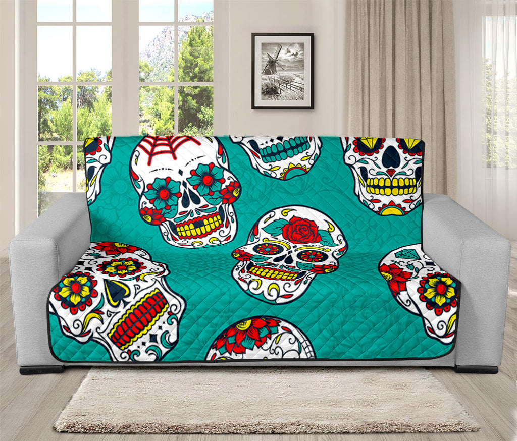 Teal Sugar Skull Pattern Print Futon Protector