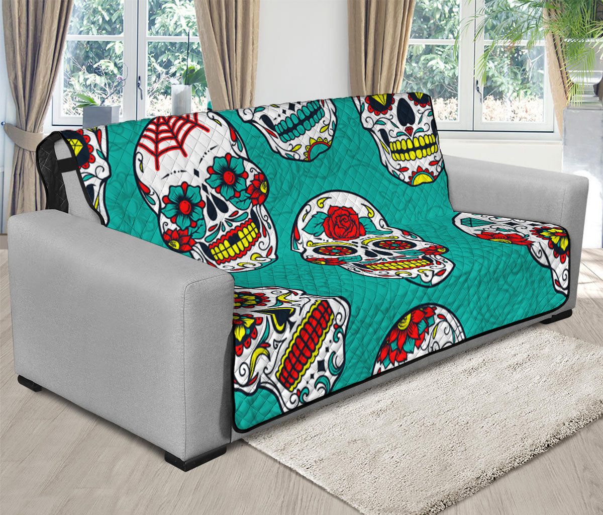 Teal Sugar Skull Pattern Print Futon Protector