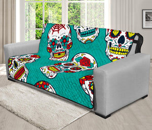 Teal Sugar Skull Pattern Print Futon Protector