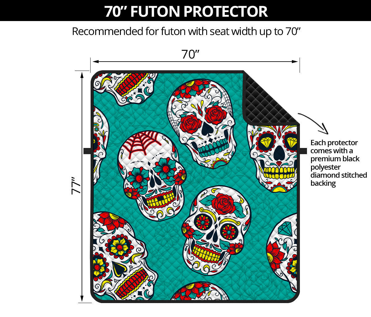 Teal Sugar Skull Pattern Print Futon Protector