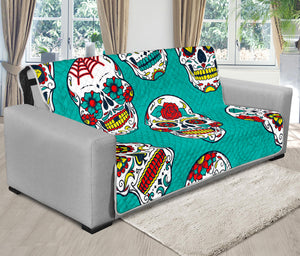 Teal Sugar Skull Pattern Print Futon Protector