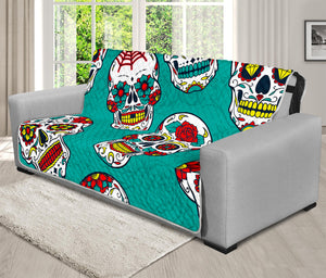 Teal Sugar Skull Pattern Print Futon Protector