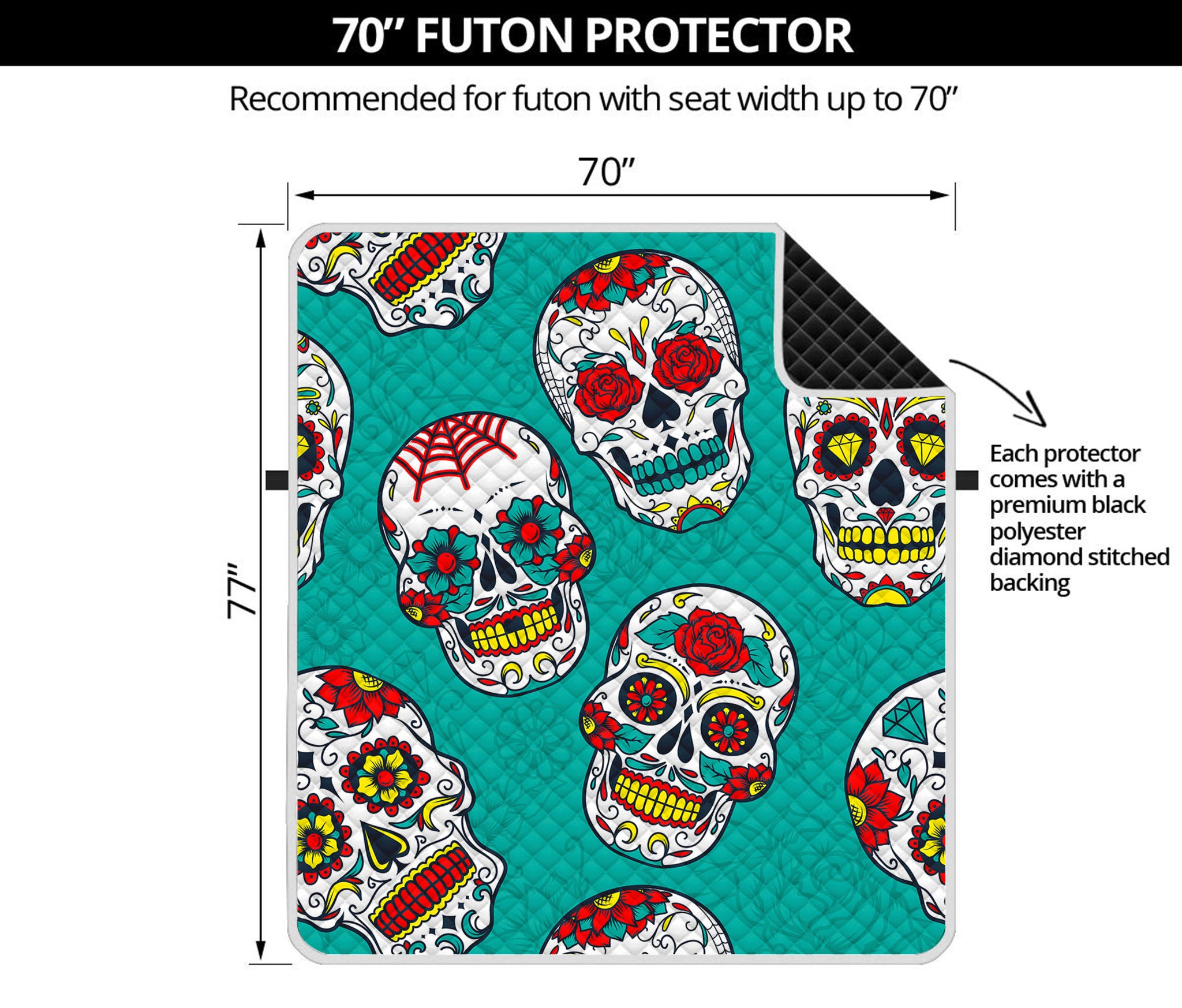 Teal Sugar Skull Pattern Print Futon Protector